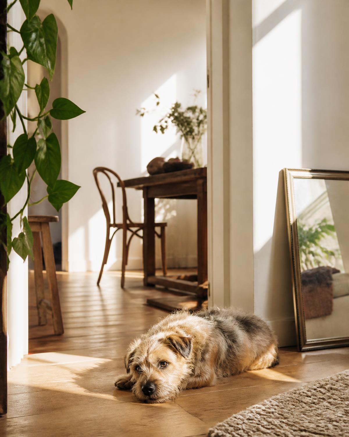 A terrier resting in a sunlit apartment