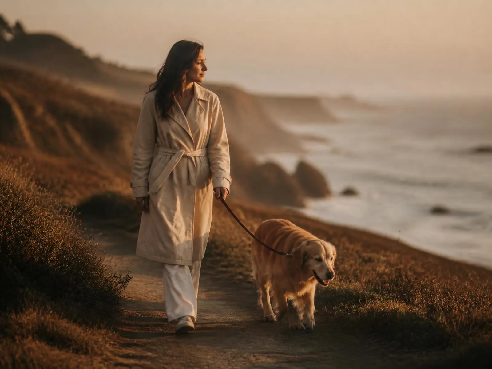 A woman walking a golden retriever along a coastal path at sunrise